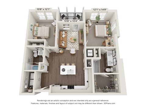 Floor plan for 2 beds, 2 baths, 1011 sqft